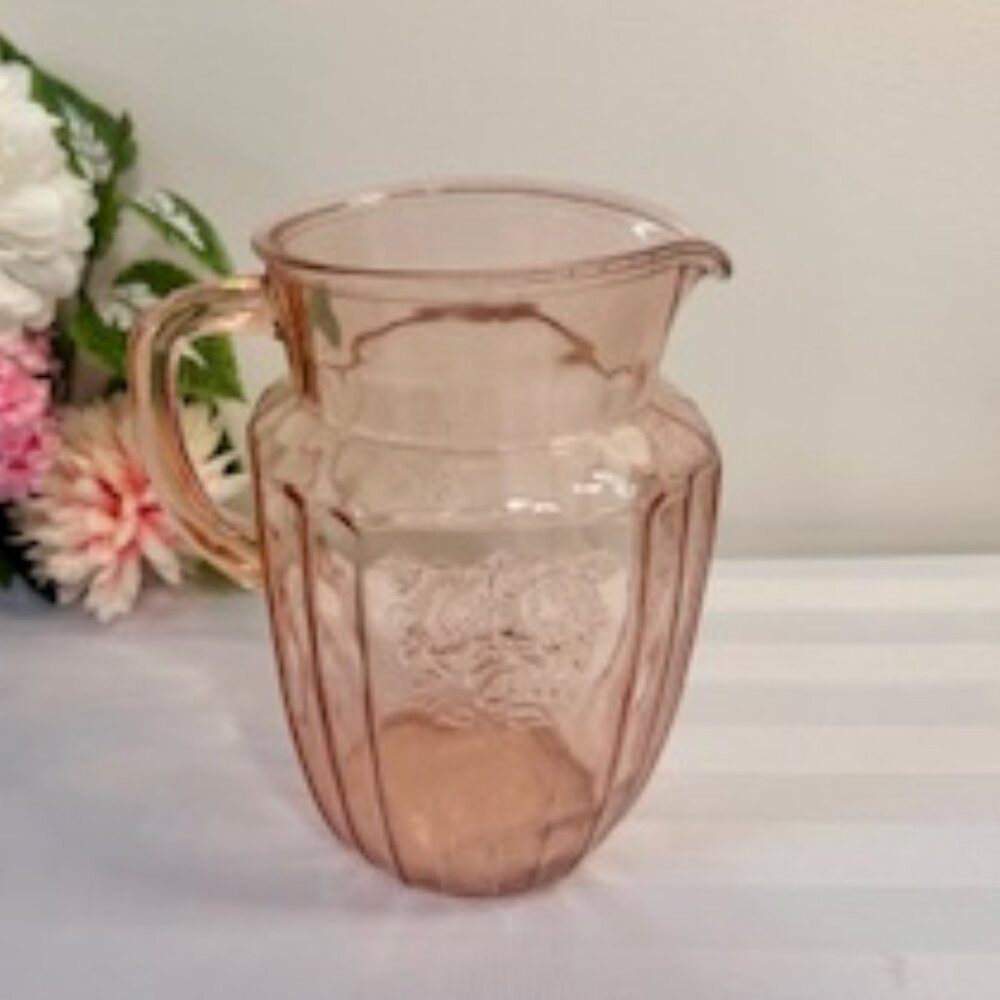 Pink Mayfair Open Rose Depression Glass Pitcher Vintage 1930s Water Jug Floral